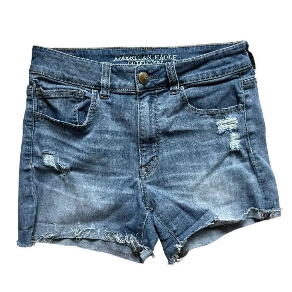 Womens American Eagle AEO Denim Distrssed Hi-Rise Shortie Stretch Jean Shorts 6
